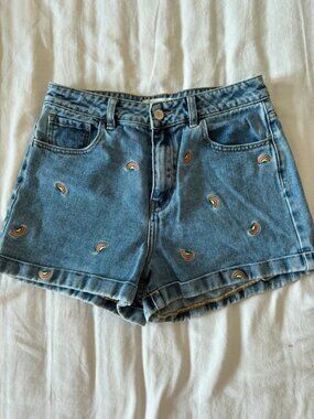 Blue Rainbow Embroidered High Rise Denim Shorts Size 28